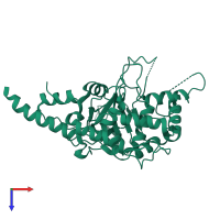 Monomeric assembly 5 of PDB entry 3dkb coloured by chemically distinct molecules, top view.