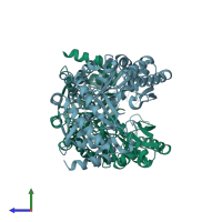 PDB entry 3drd coloured by chain, side view.