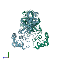 PDB entry 3e91 coloured by chain, side view.