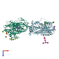 PDB entry 3evj coloured by chain, top view.