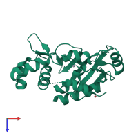 Monomeric assembly 2 of PDB entry 3f0p coloured by chemically distinct molecules, top view.