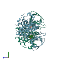 PDB entry 3f7z coloured by chain, side view.