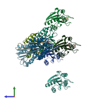 PDB entry 3f90 coloured by chain, side view.