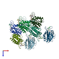 PDB entry 3f90 coloured by chain, top view.