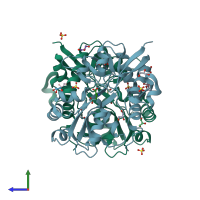 PDB entry 3fas coloured by chain, side view.