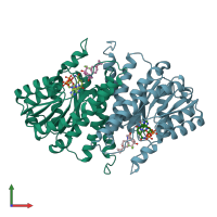 PDB entry 3fco coloured by chain, front view.