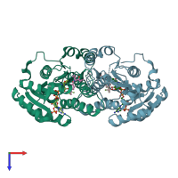 PDB entry 3fco coloured by chain, top view.