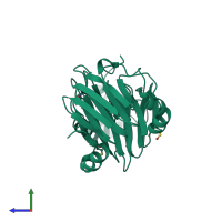 PDB entry 3fe5 coloured by chain, side view.