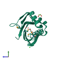 PDB entry 3fh1 coloured by chain, side view.
