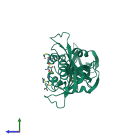 Homo dimeric assembly 1 of PDB entry 3fl0 coloured by chemically distinct molecules, side view.