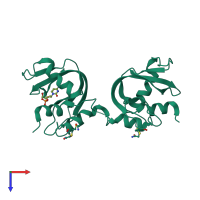 Homo dimeric assembly 1 of PDB entry 3fl0 coloured by chemically distinct molecules, top view.