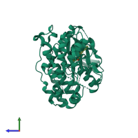 PDB entry 3fl4 coloured by chain, side view.