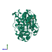 PDB entry 3fln coloured by chain, side view.