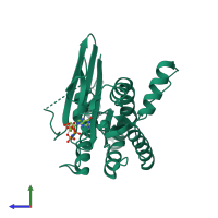 Monomeric assembly 1 of PDB entry 3ftq coloured by chemically distinct molecules, side view.