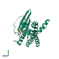 Monomeric assembly 2 of PDB entry 3ftq coloured by chemically distinct molecules, side view.