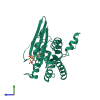 Monomeric assembly 3 of PDB entry 3ftq coloured by chemically distinct molecules, side view.