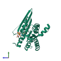 Monomeric assembly 4 of PDB entry 3ftq coloured by chemically distinct molecules, side view.