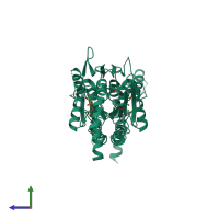 Homo dimeric assembly 5 of PDB entry 3ftq coloured by chemically distinct molecules, side view.