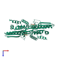 Homo dimeric assembly 5 of PDB entry 3ftq coloured by chemically distinct molecules, top view.