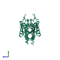 Homo dimeric assembly 6 of PDB entry 3ftq coloured by chemically distinct molecules, side view.