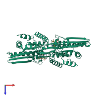 Homo dimeric assembly 6 of PDB entry 3ftq coloured by chemically distinct molecules, top view.