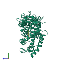 PDB entry 3fwi coloured by chain, side view.