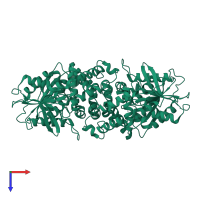 Homo dimeric assembly 1 of PDB entry 3g02 coloured by chemically distinct molecules, top view.