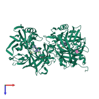 Homo dimeric assembly 3 of PDB entry 3g72 coloured by chemically distinct molecules, top view.