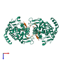 Hetero tetrameric assembly 1 of PDB entry 3glr coloured by chemically distinct molecules, top view.