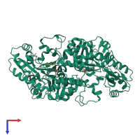 Homo dimeric assembly 4 of PDB entry 3gr9 coloured by chemically distinct molecules, top view.