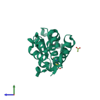 Monomeric assembly 1 of PDB entry 3gum coloured by chemically distinct molecules, side view.