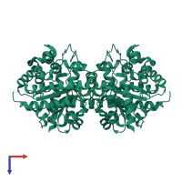 Homo dimeric assembly 1 of PDB entry 3gvq coloured by chemically distinct molecules, top view.