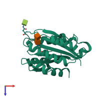 Monomeric assembly 1 of PDB entry 3gxb coloured by chemically distinct molecules, top view.