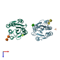 PDB entry 3gxb coloured by chain, top view.