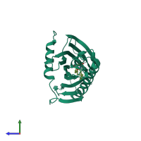 Monomeric assembly 1 of PDB entry 3h3t coloured by chemically distinct molecules, side view.