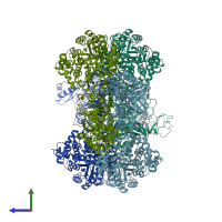 PDB entry 3hb9 coloured by chain, side view.