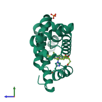 Monomeric assembly 1 of PDB entry 3hc9 coloured by chemically distinct molecules, side view.