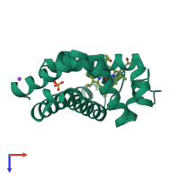 Monomeric assembly 1 of PDB entry 3hc9 coloured by chemically distinct molecules, top view.