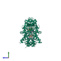 Homo dimeric assembly 2 of PDB entry 3hdq coloured by chemically distinct molecules, side view.