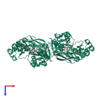 Homo dimeric assembly 2 of PDB entry 3hdq coloured by chemically distinct molecules, top view.