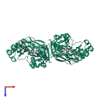 Homo dimeric assembly 3 of PDB entry 3hdq coloured by chemically distinct molecules, top view.