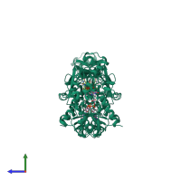 Homo dimeric assembly 4 of PDB entry 3hdq coloured by chemically distinct molecules, side view.