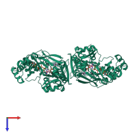 Homo dimeric assembly 4 of PDB entry 3hdq coloured by chemically distinct molecules, top view.