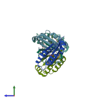 PDB entry 3hfk coloured by chain, side view.