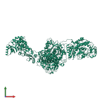 Homo dimeric assembly 2 of PDB entry 3hhd coloured by chemically distinct molecules, front view.