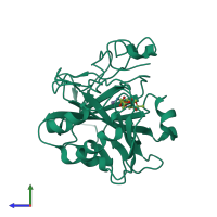 PDB entry 3hku coloured by chain, side view.