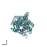 PDB entry 3hq5 coloured by chain, side view.
