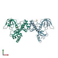 PDB entry 3hrt coloured by chain, front view.