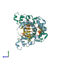 PDB entry 3i08 coloured by chain, side view.