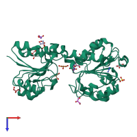 PDB entry 3jtm coloured by chain, top view.